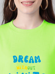Kotty Lime Green & Blue Typography Printed Drop Shoulder Sleeves Oversized Casual T-Shirt