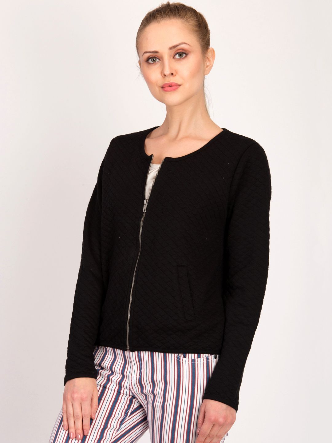 Kotty Women Black Self Design Open Front Jacket