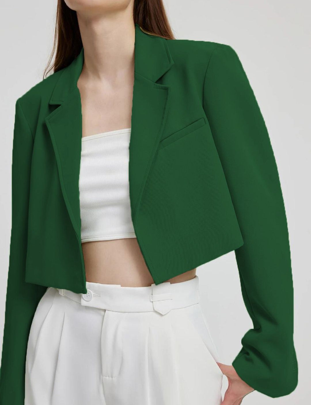 Kotty Green Crop Notched Lapel Collar Regular Fit Blazer
