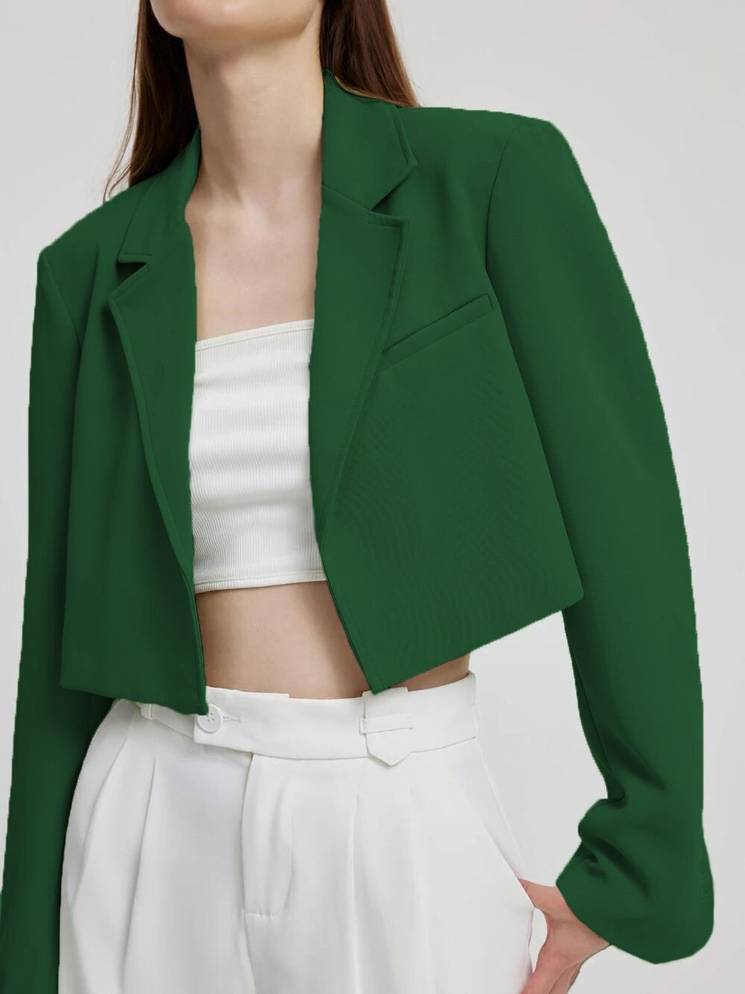 Kotty Green Crop Notched Lapel Collar Regular Fit Blazer