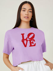 Kotty Purple Typography Printed Drop-Shoulder Sleeves Cotton Oversized Crop T-shirt
