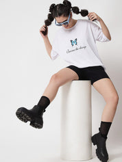 Kotty Women White Printed Applique Loose T-shirt