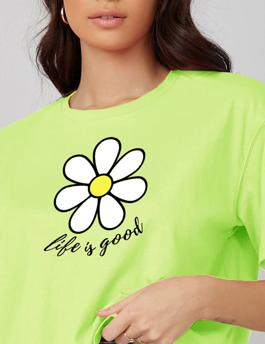 Kotty Lime Green Graphic Printed Oversized Cotton Casual T-Shirt