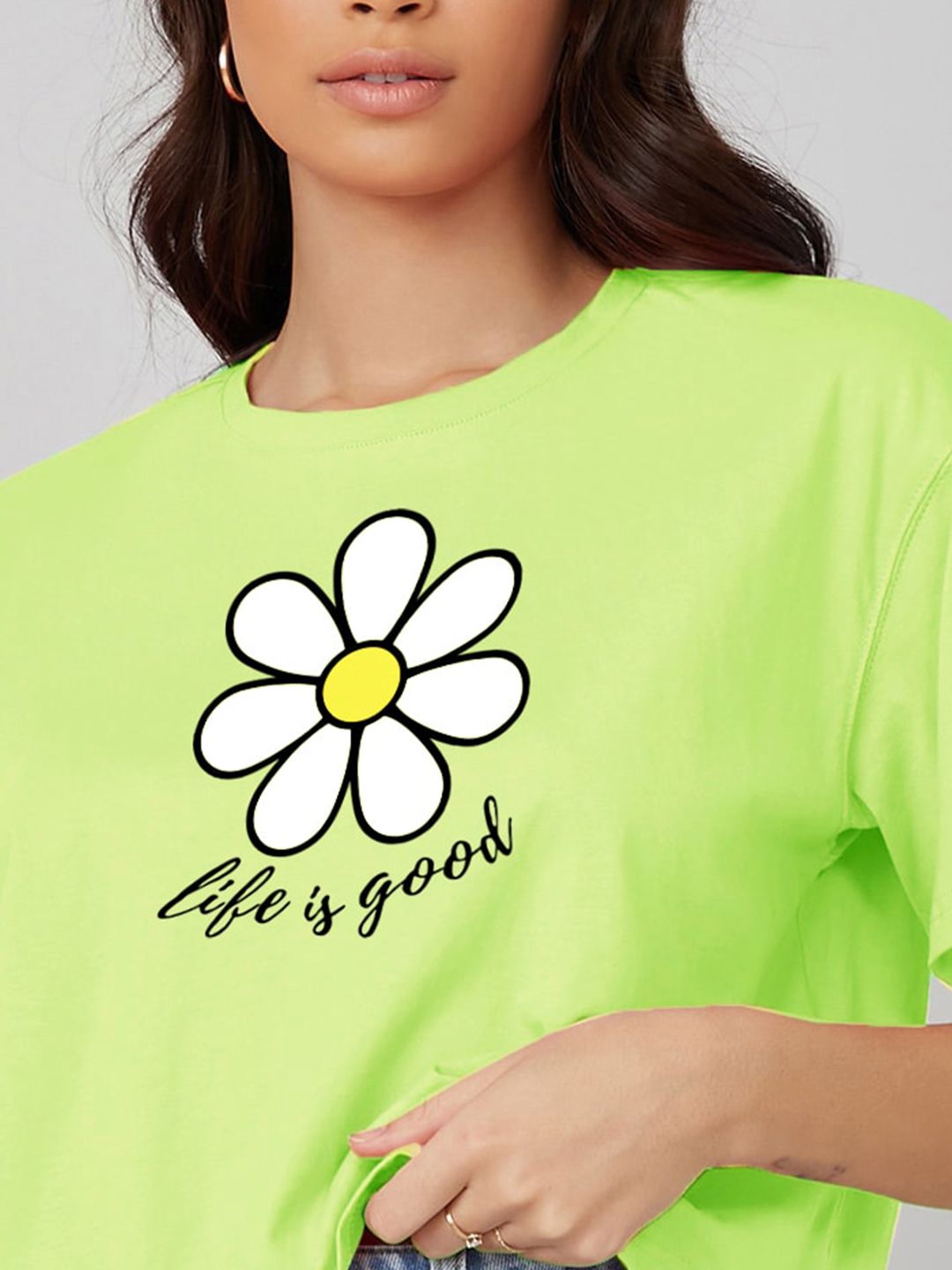 Kotty Lime Green Graphic Printed Oversized Cotton Casual T-Shirt