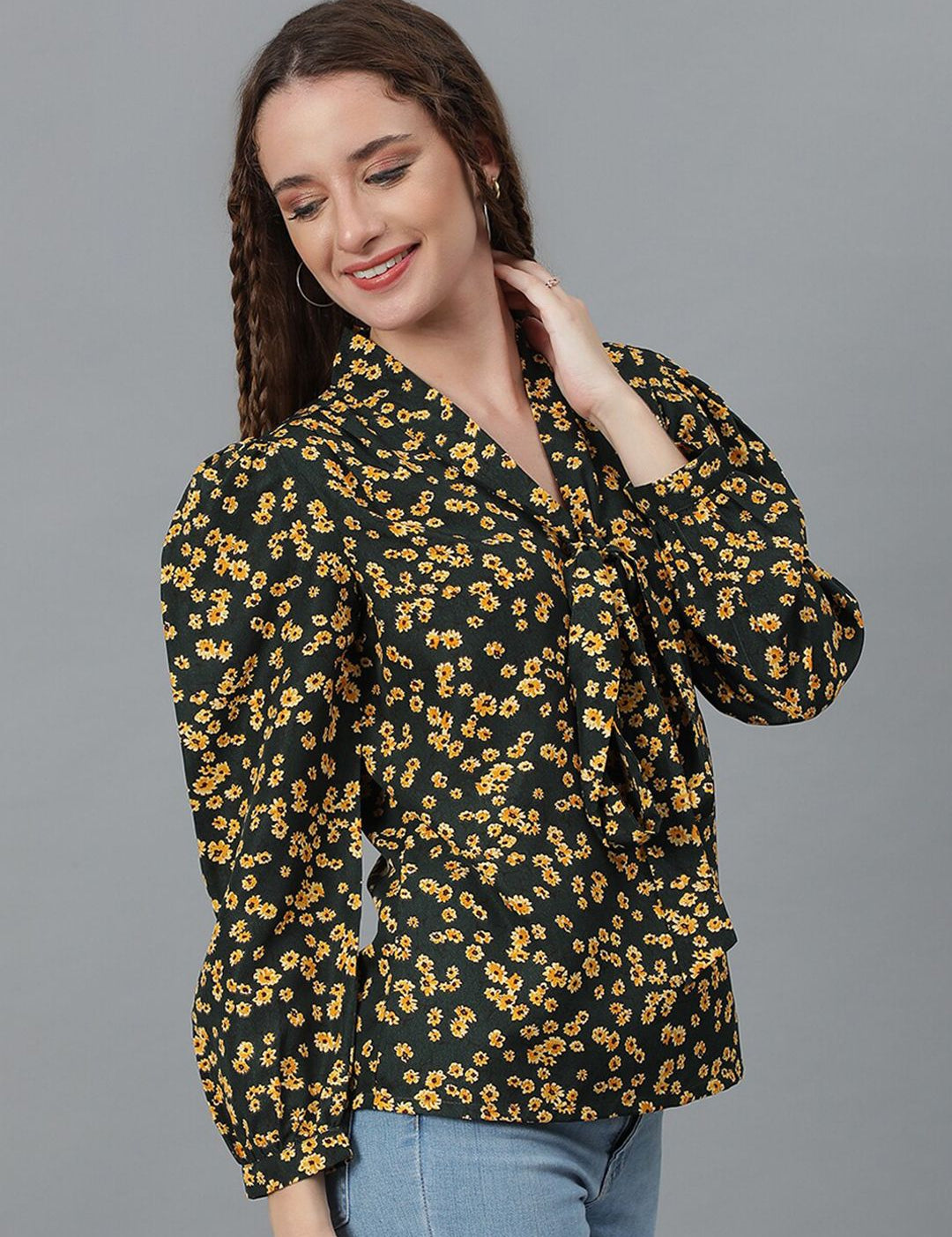 Kotty Floral Printed Tie-Up Neck Cuffed Sleeves Regular Top