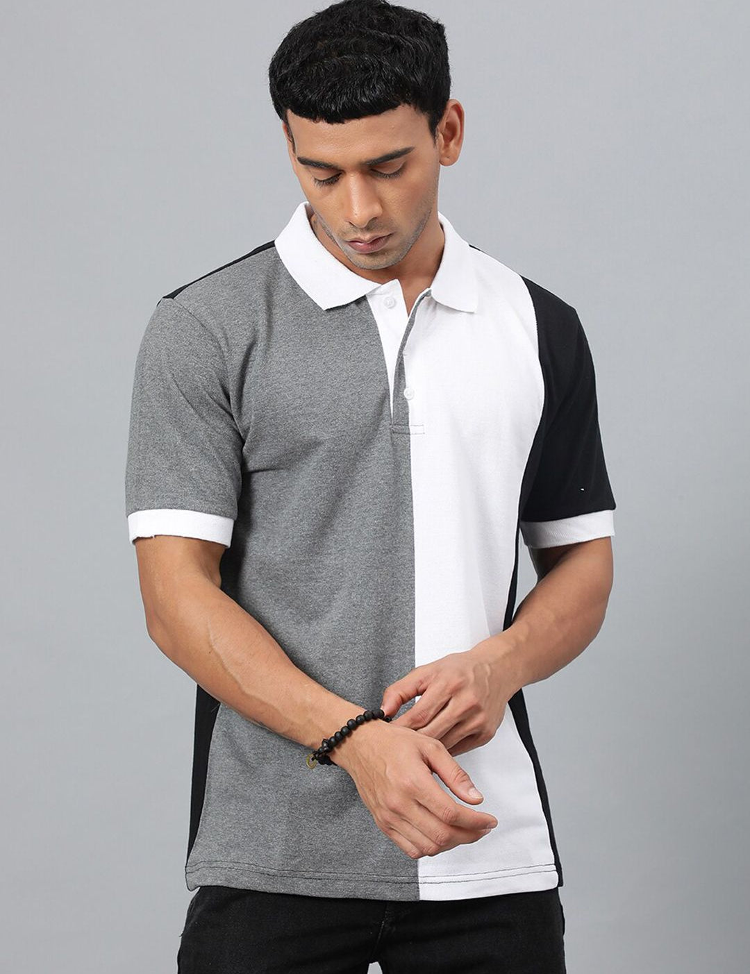 Kotty White & Grey Colourblocked Polo Collar T-shirt