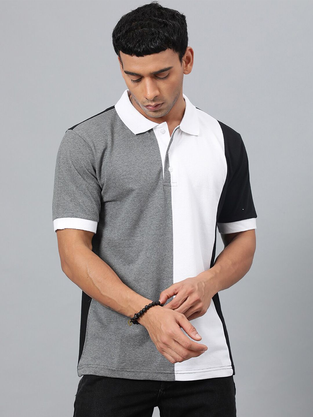 Kotty White & Grey Colourblocked Polo Collar T-shirt