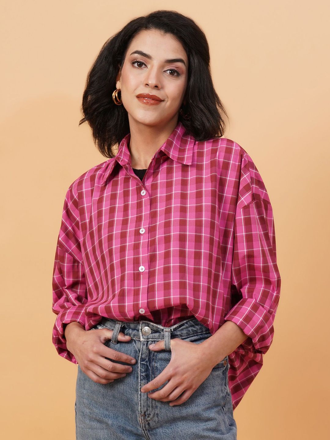 Kotty Checked Spread Corllar Drop-Shoulder Sleeves Longline Shirt