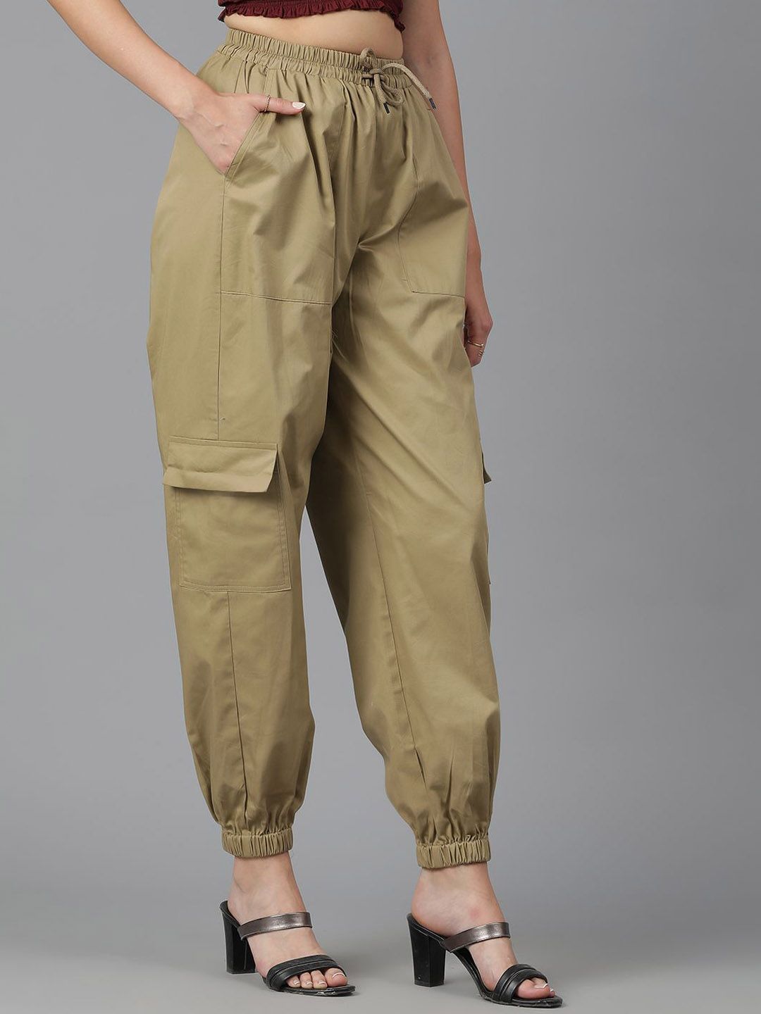 Kotty Women Brown High-Rise Easy Wash Cotton Joggers