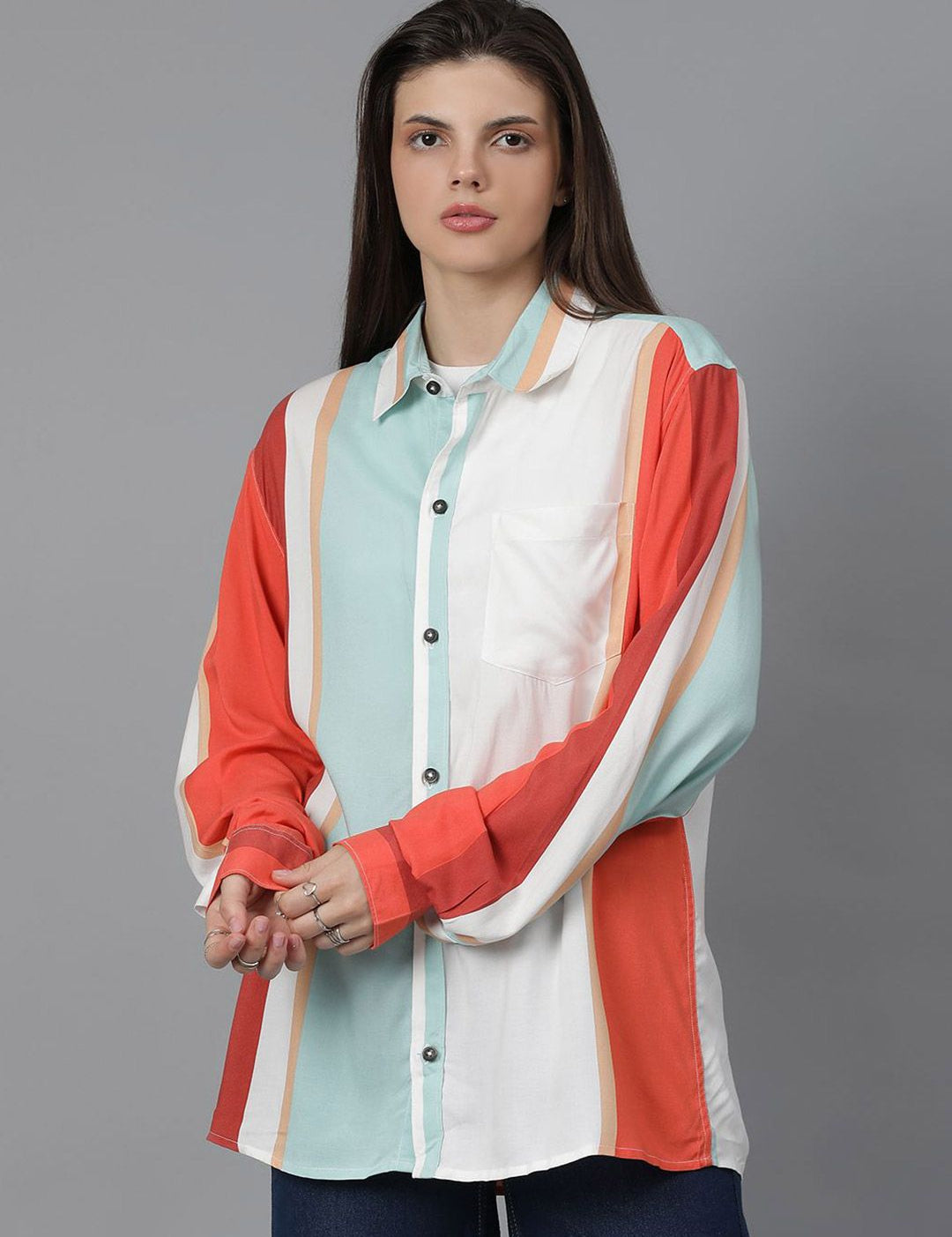 Kotty Women Spread Collar Colourblocked Cotton Oversized Casual Shirt