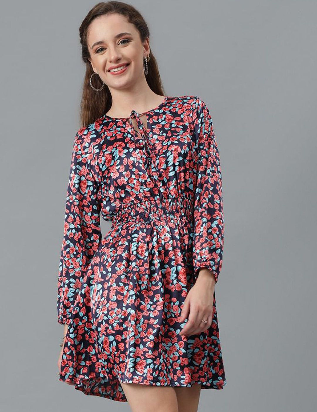 Kotty Black Floral Printed Tie-Up Neck Puff Sleeves Fit & Flare Dress