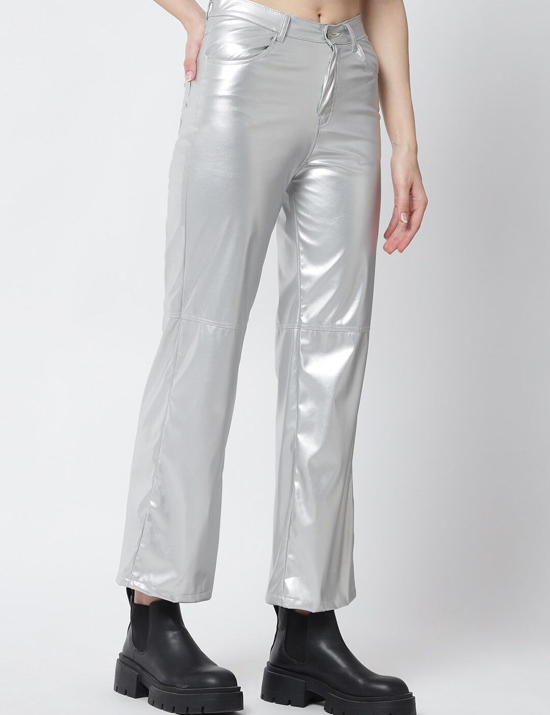 Kotty Women Silver-Toned Relaxed Straight Fit Trousers