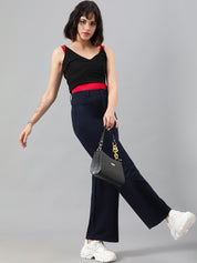 Kotty Women Navy Blue Relaxed Straight Leg Fit High-Rise Easy Wash Parallel Trousers