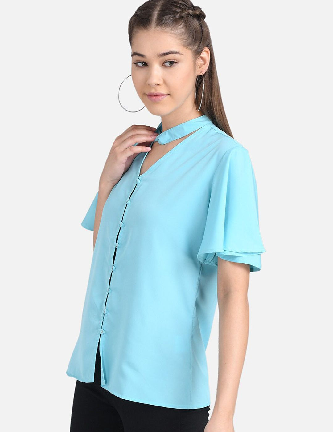 Kotty Women Turquoise Blue Solid Pure Cotton Top