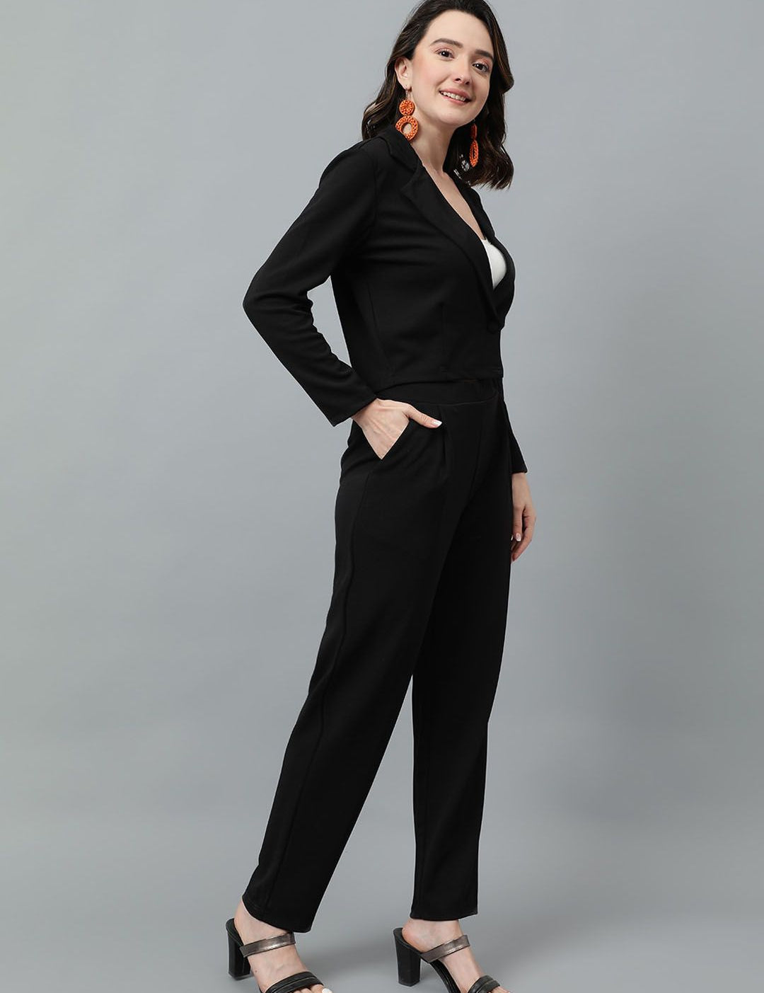 KOTTY BIZwear Black Notched Lapel Collar Blazer & Mid Rise Trouser