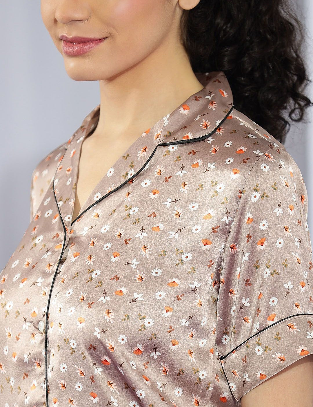 Kotty Brown & White Floral Printed Satin Night Suit