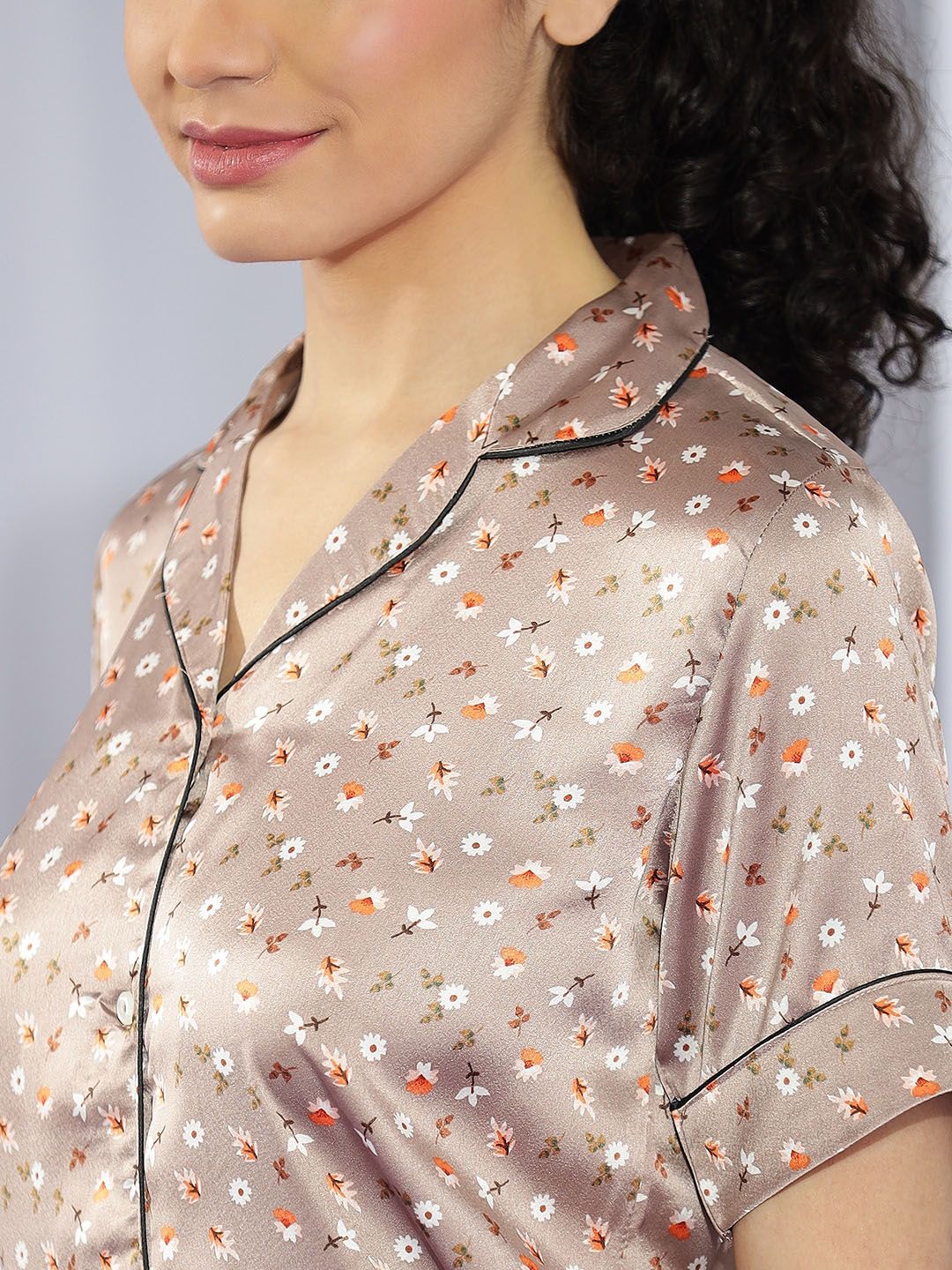 Kotty Brown & White Floral Printed Satin Night Suit