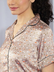 Kotty Brown & White Floral Printed Satin Night Suit