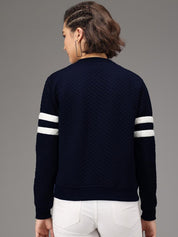 Kotty Women Navy Blue Striped Lightweight Crop Tailored Jacket