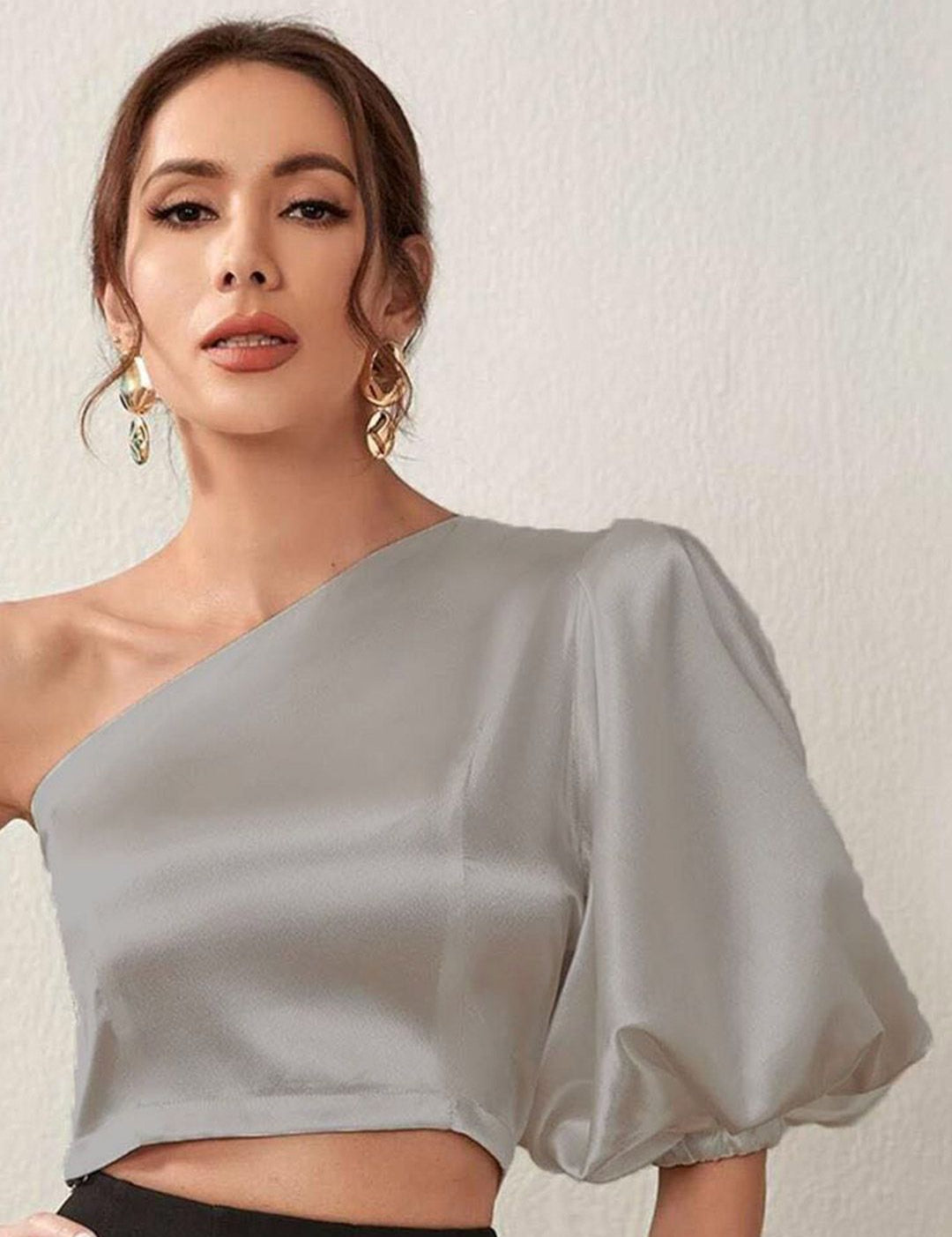 Kotty Grey One Shoulder Puff Sleeve Satin Crop Top