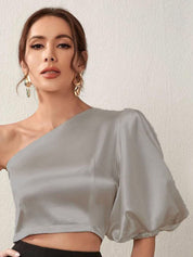 Kotty Grey One Shoulder Puff Sleeve Satin Crop Top