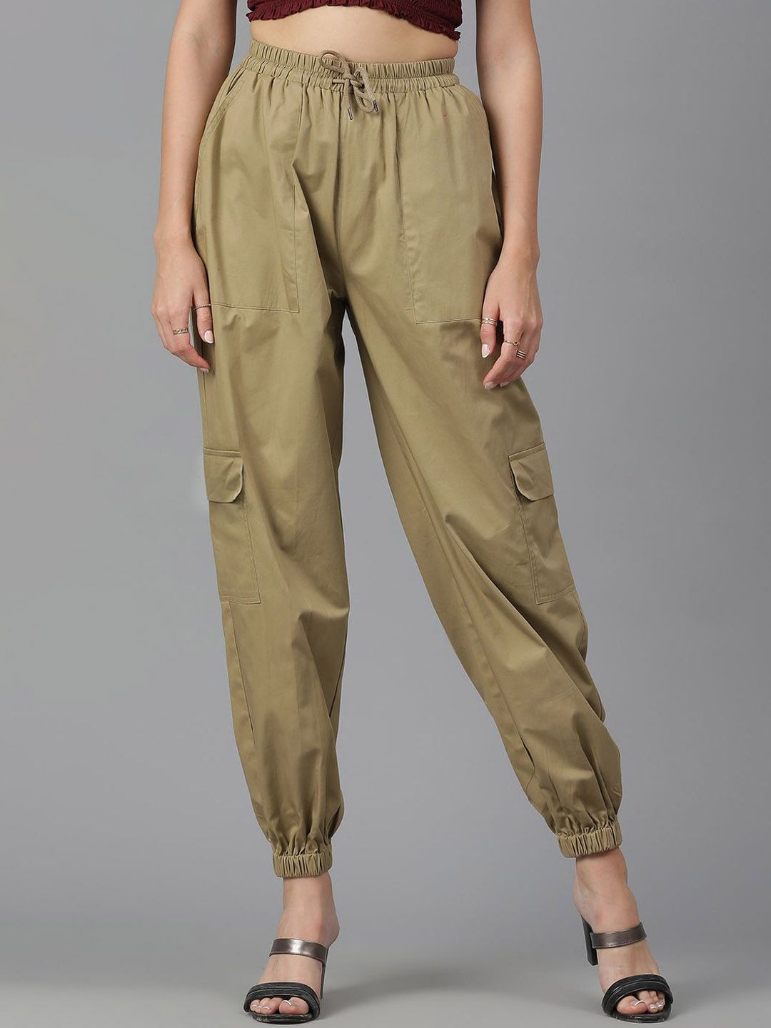 Kotty Women Brown High-Rise Easy Wash Cotton Joggers