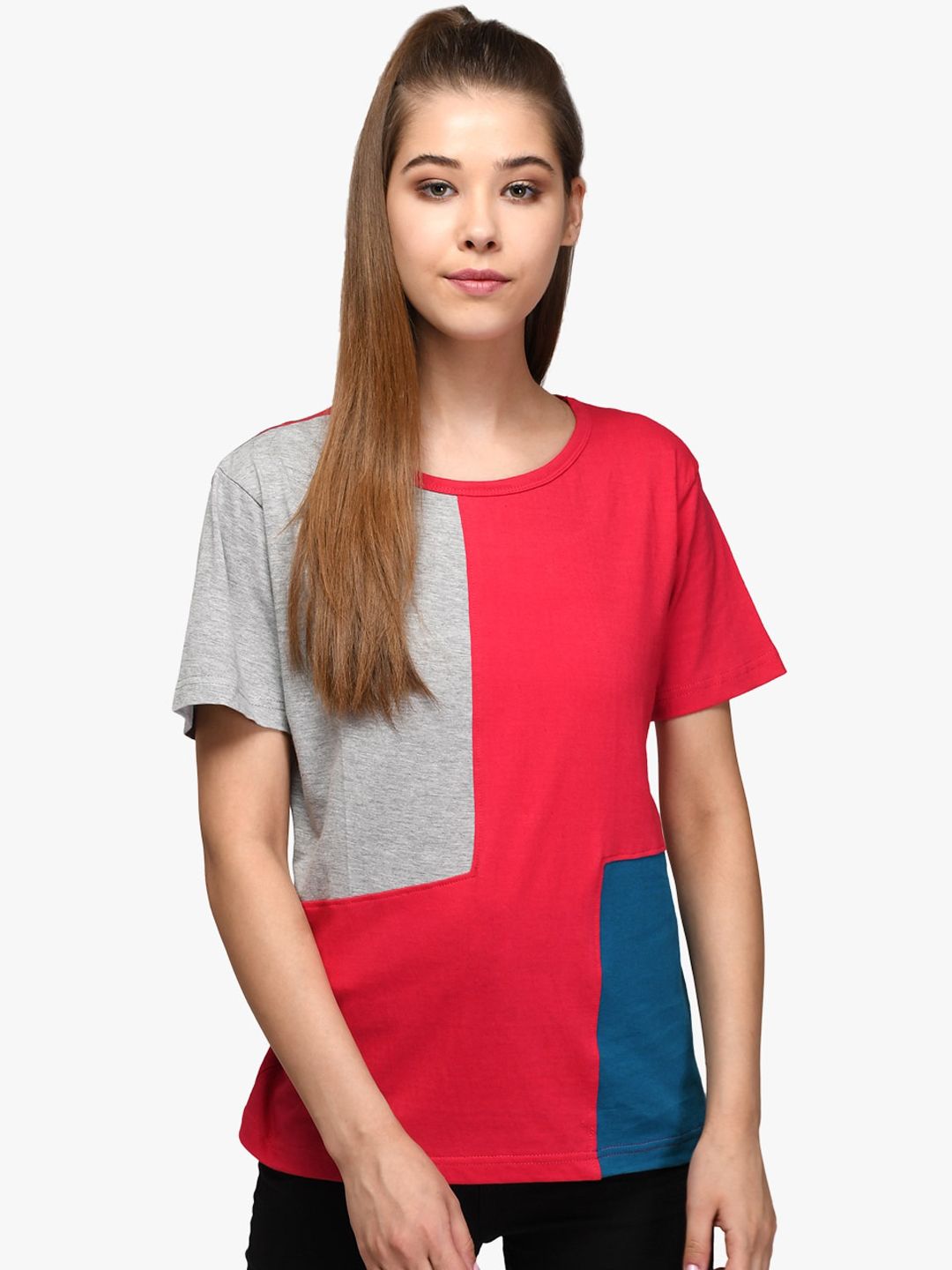 Kotty Women Pack of 2 Colourblocked Round Neck Pure Cotton T-shirts