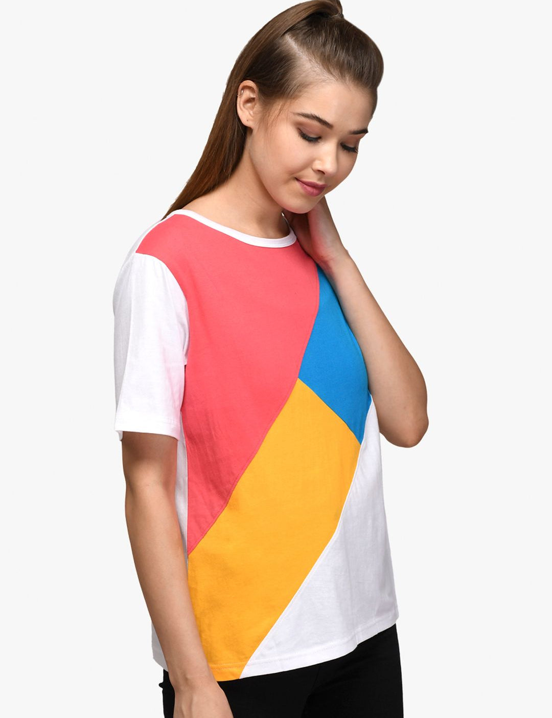 Kotty Women White & Blue Colourblocked Boat Neck T-shirt