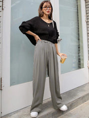 Kotty Women Grey Relaxed Straight Leg High-Rise Pleated Trousers