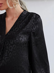 Kotty Black Animal Printed V-Neck Puff Sleeve Satin Top