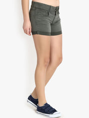 Kotty Women Olive Green Solid Regular Fit Denim Shorts