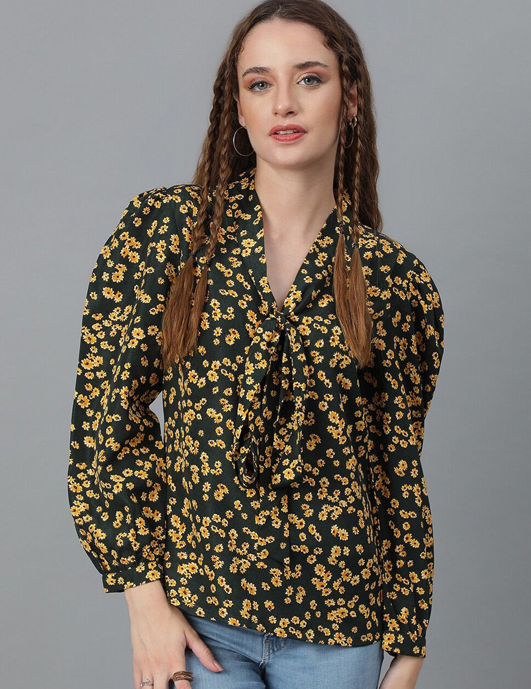 Kotty Floral Printed Tie-Up Neck Cuffed Sleeves Regular Top