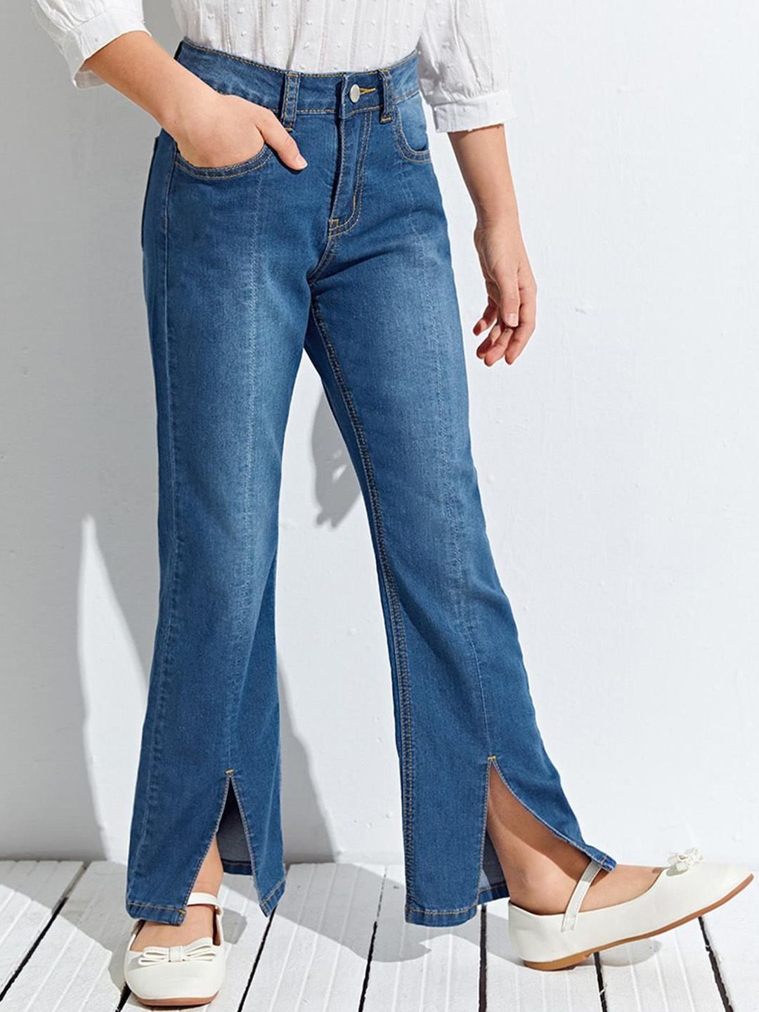 Kotty Girls Jean Wide Leg Highly Distressed Light Fade Stretchable Jeans