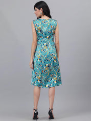 Kotty Sea Green And Blue Floral Printed V-Neck Fit & Flare Midi Dress
