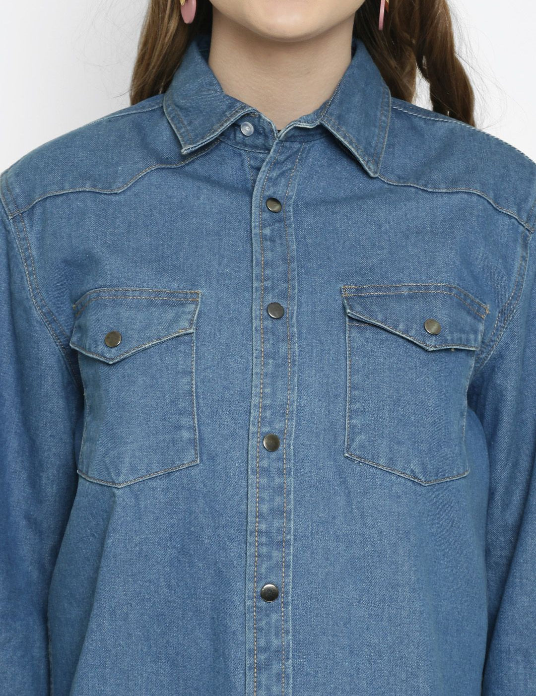 Kotty Women Blue Solid Oversized Longline Denim Jacket
