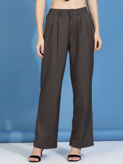 Kotty Women Relaxed Straight Fit High-Rise Easy Wash Pleated Parallel Trousers