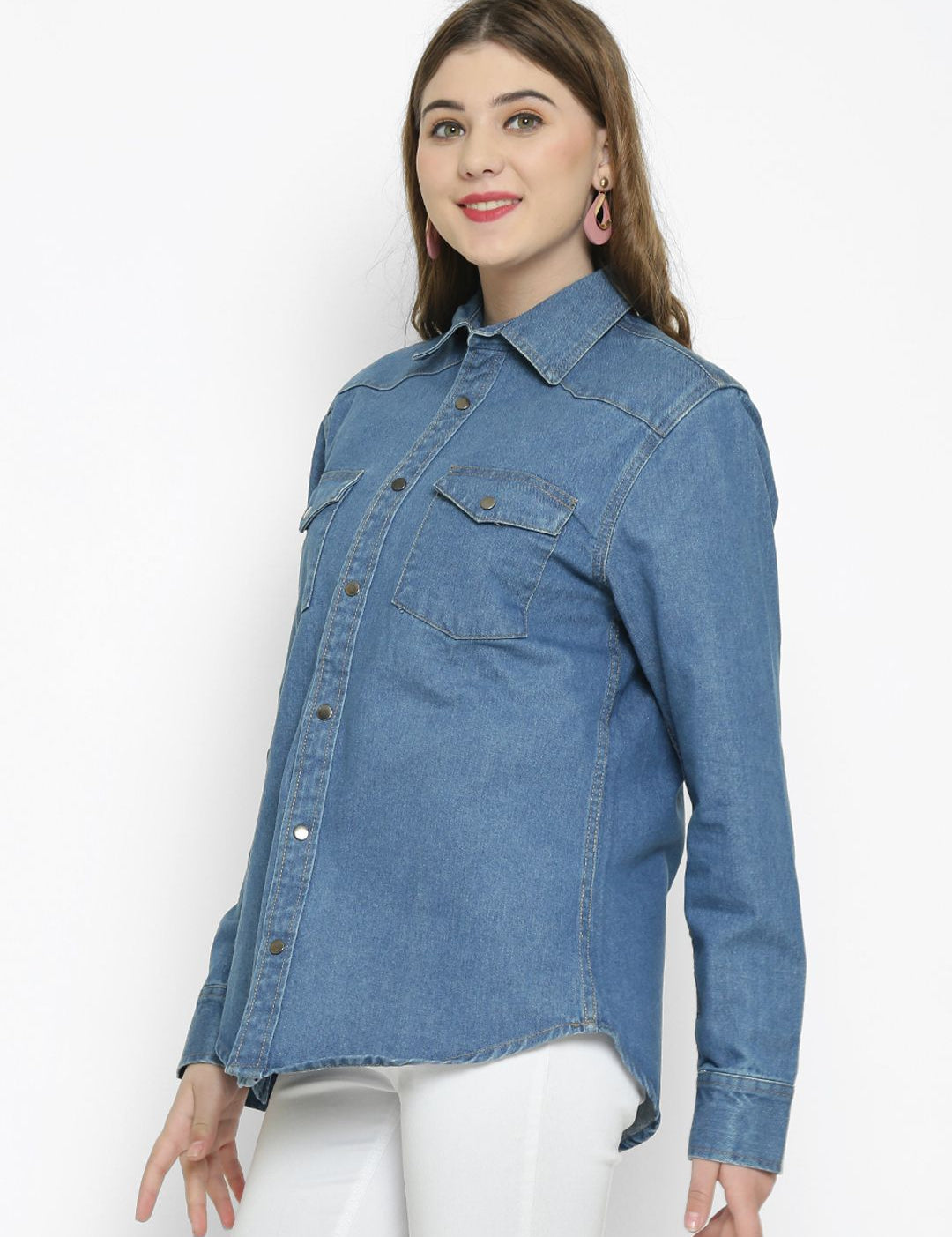 Kotty Women Blue Solid Oversized Longline Denim Jacket