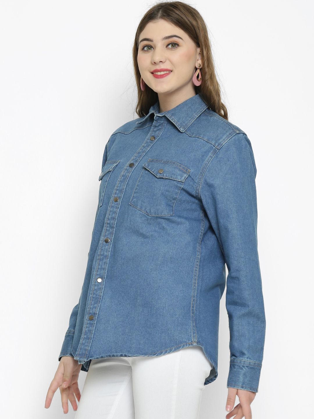 Kotty Women Blue Solid Oversized Longline Denim Jacket
