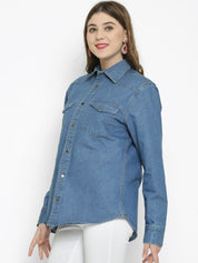 Kotty Women Blue Solid Oversized Longline Denim Jacket