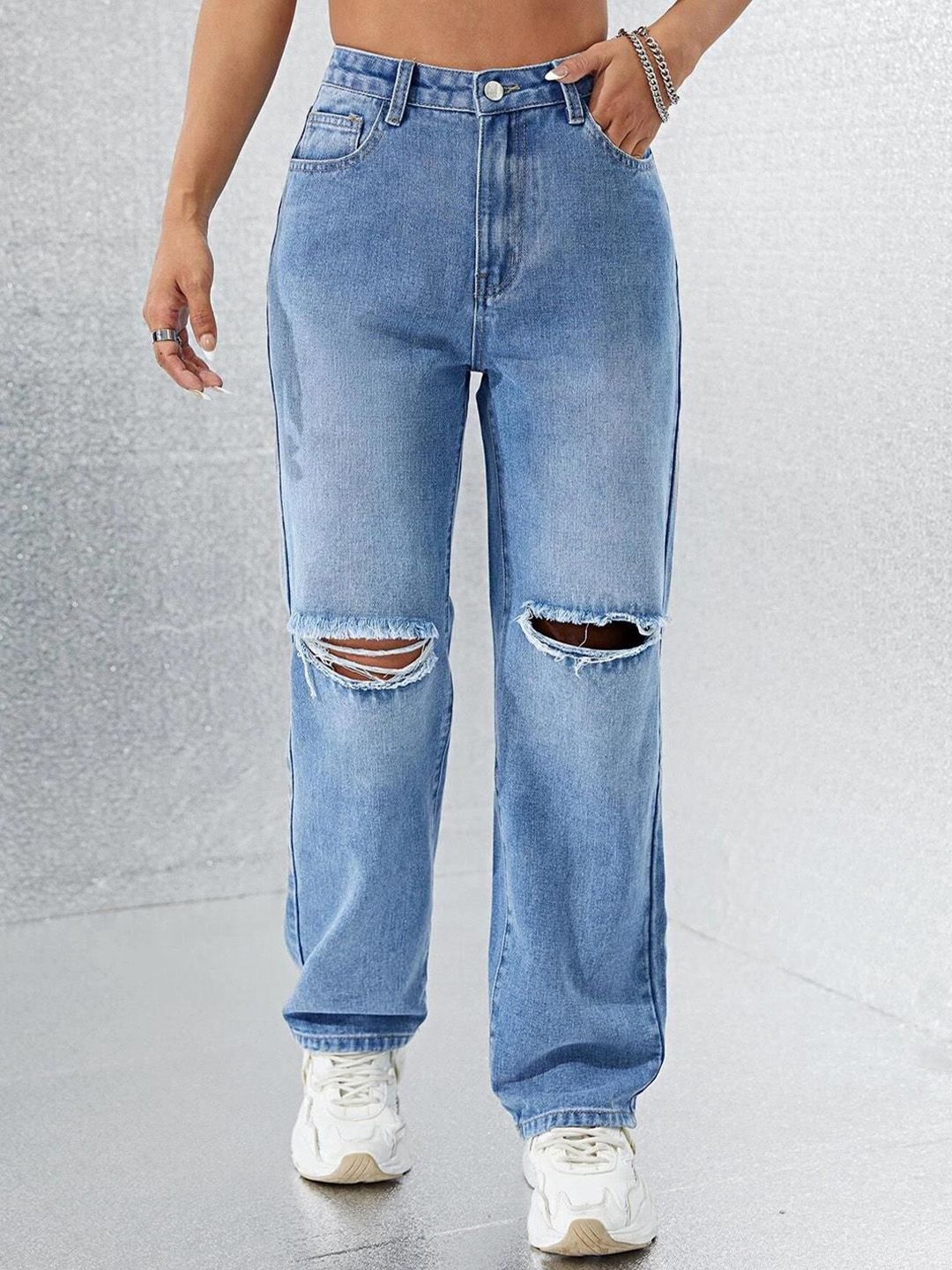 Kotty Women Straight Fit High-Rise Clean Look Light Fade Stretchable Jeans