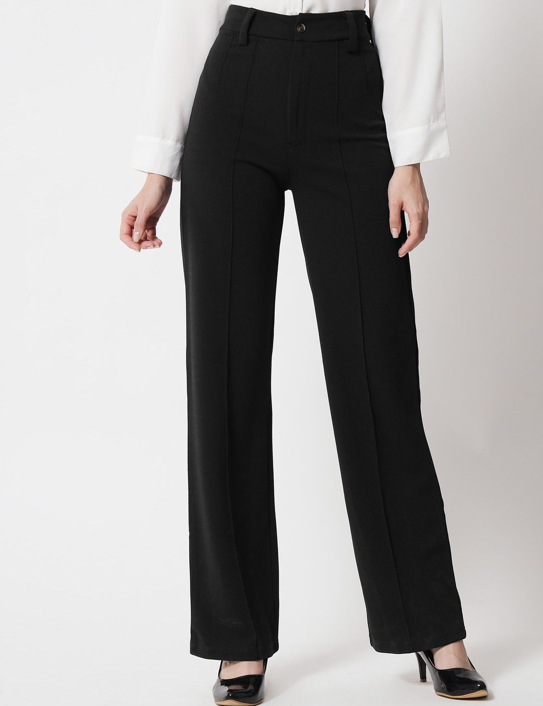 KOTTY BIZwear Women Black Relaxed Straight Fit High-Rise Easy Wash Trousers