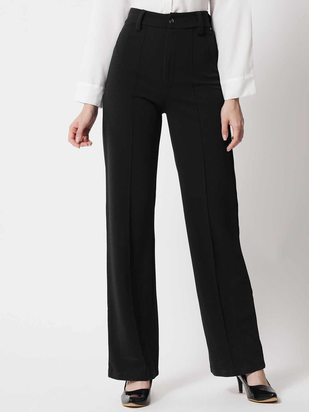 KOTTY BIZwear Women Black Relaxed Straight Fit High-Rise Easy Wash Trousers
