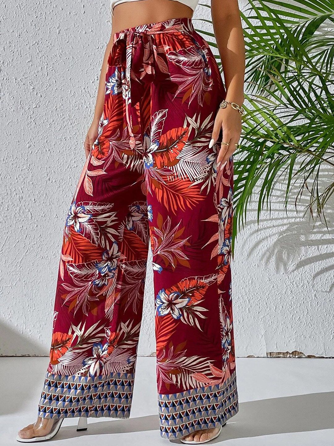 Kotty Women Maroon Floral Printed Relaxed Straight Fit High-Rise Easy Wash Trousers