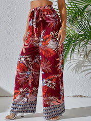 Kotty Women Maroon Floral Printed Relaxed Straight Fit High-Rise Easy Wash Trousers