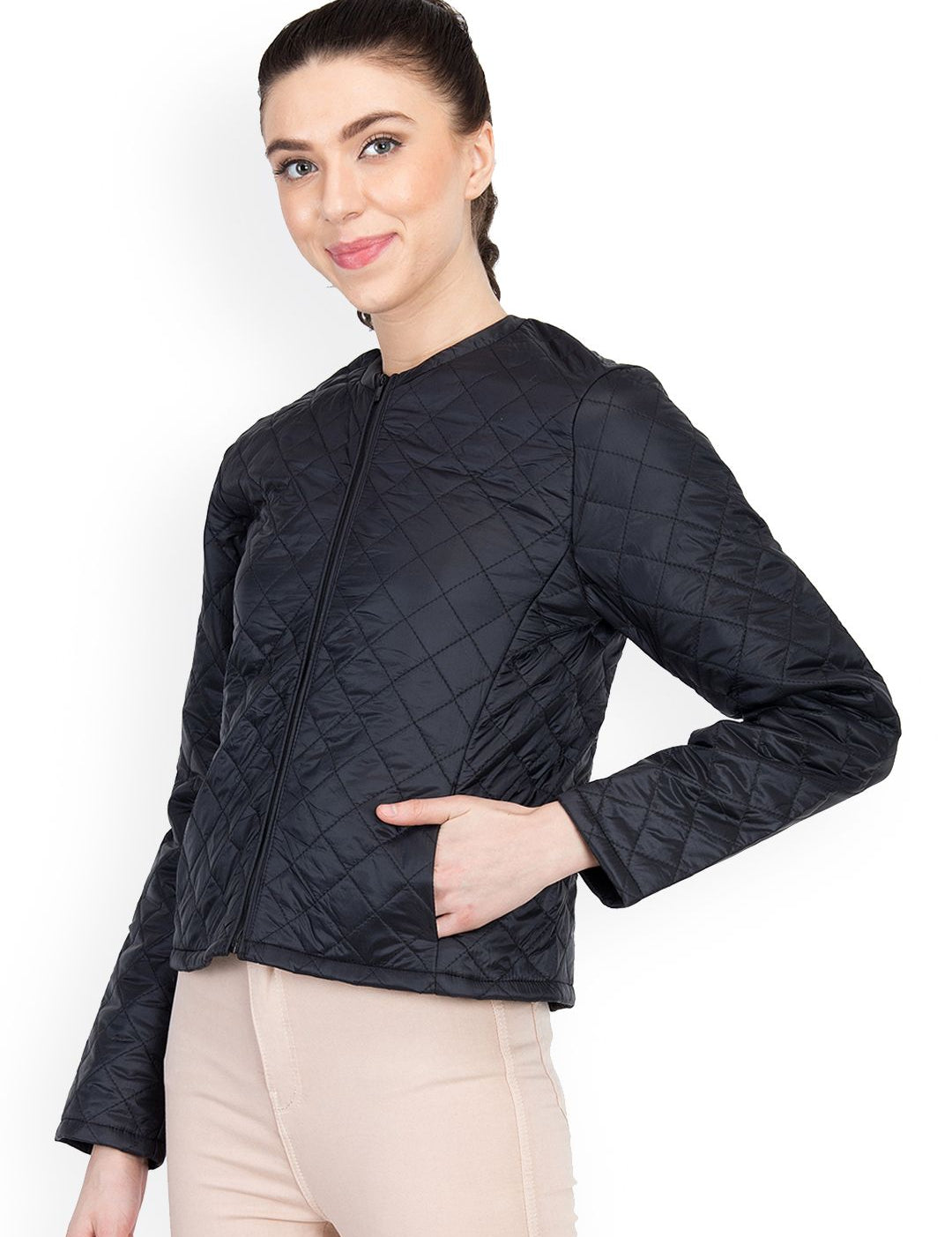Kotty Women Black Solid Quilted Jacket