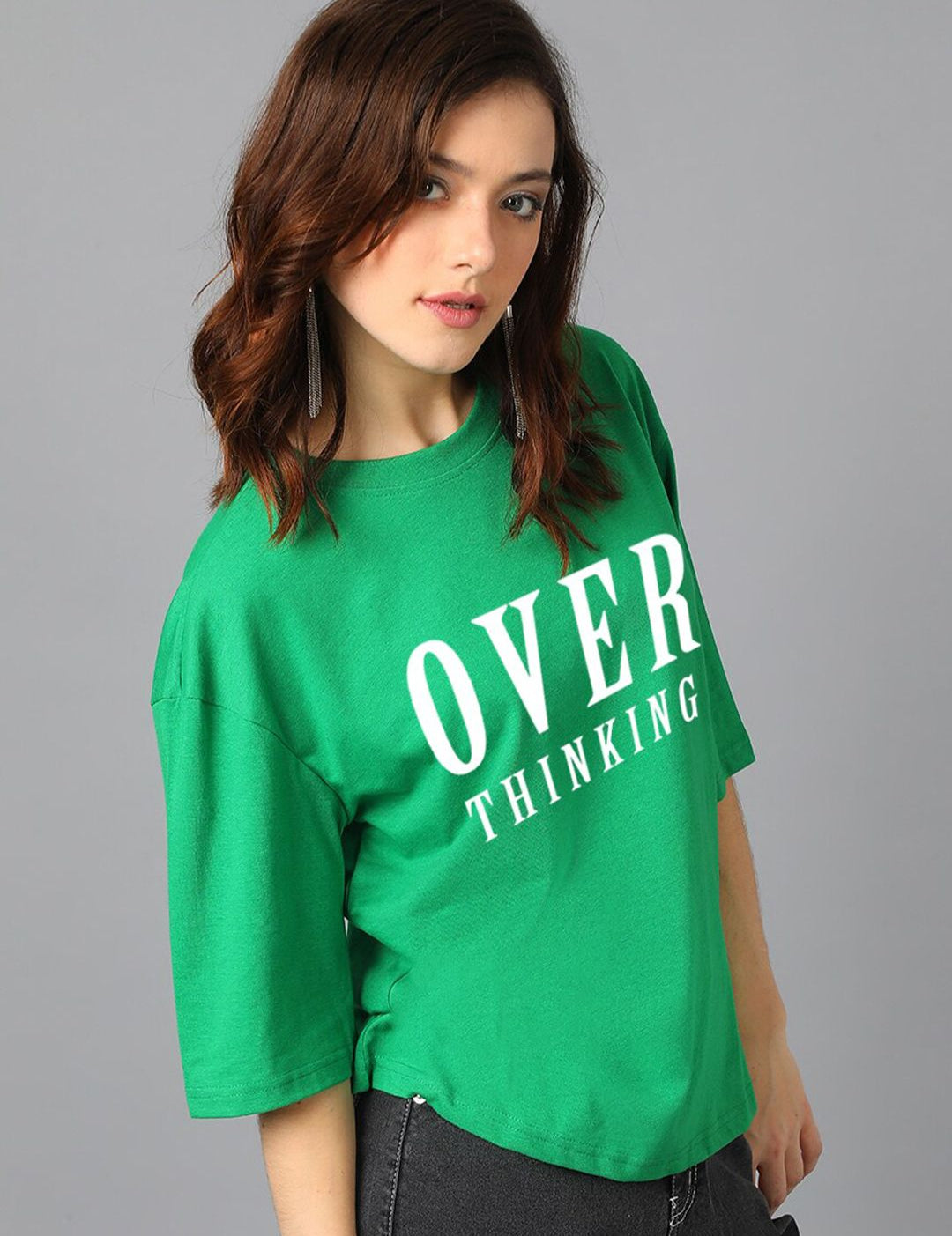 Kotty Green Typography Printed Drop-Shoulder Sleeves Oversized T-shirt