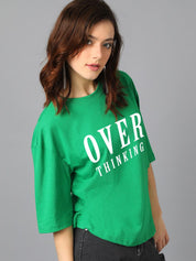 Kotty Green Typography Printed Drop-Shoulder Sleeves Oversized T-shirt