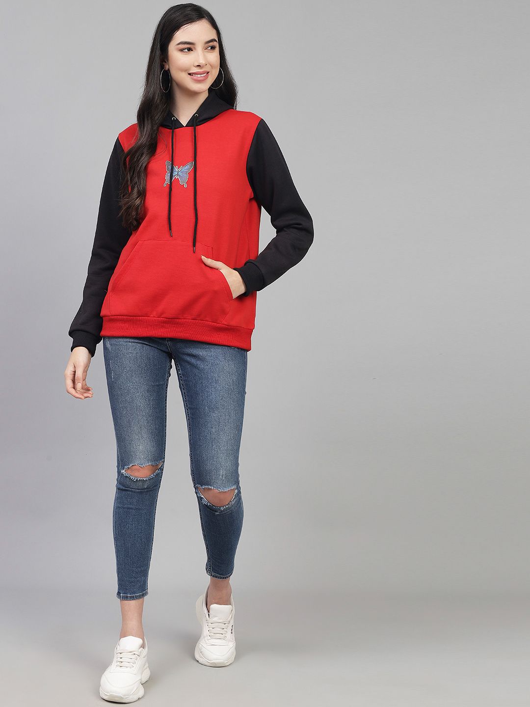 Kotty Women Red & Black Colourblocked Hooded Fleece Sweatshirt