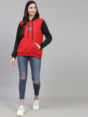 Kotty Women Red & Black Colourblocked Hooded Fleece Sweatshirt