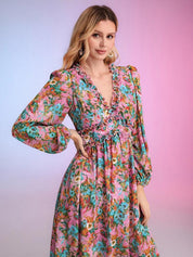 Kotty Pink & Green Floral Printed Puffed Sleeves Satin Empire Midi Dress